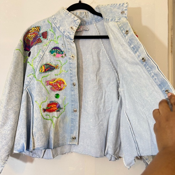 Vtg Torpedo International Aquatic Fish Design Denim Jacket - Picture 5 of 16
